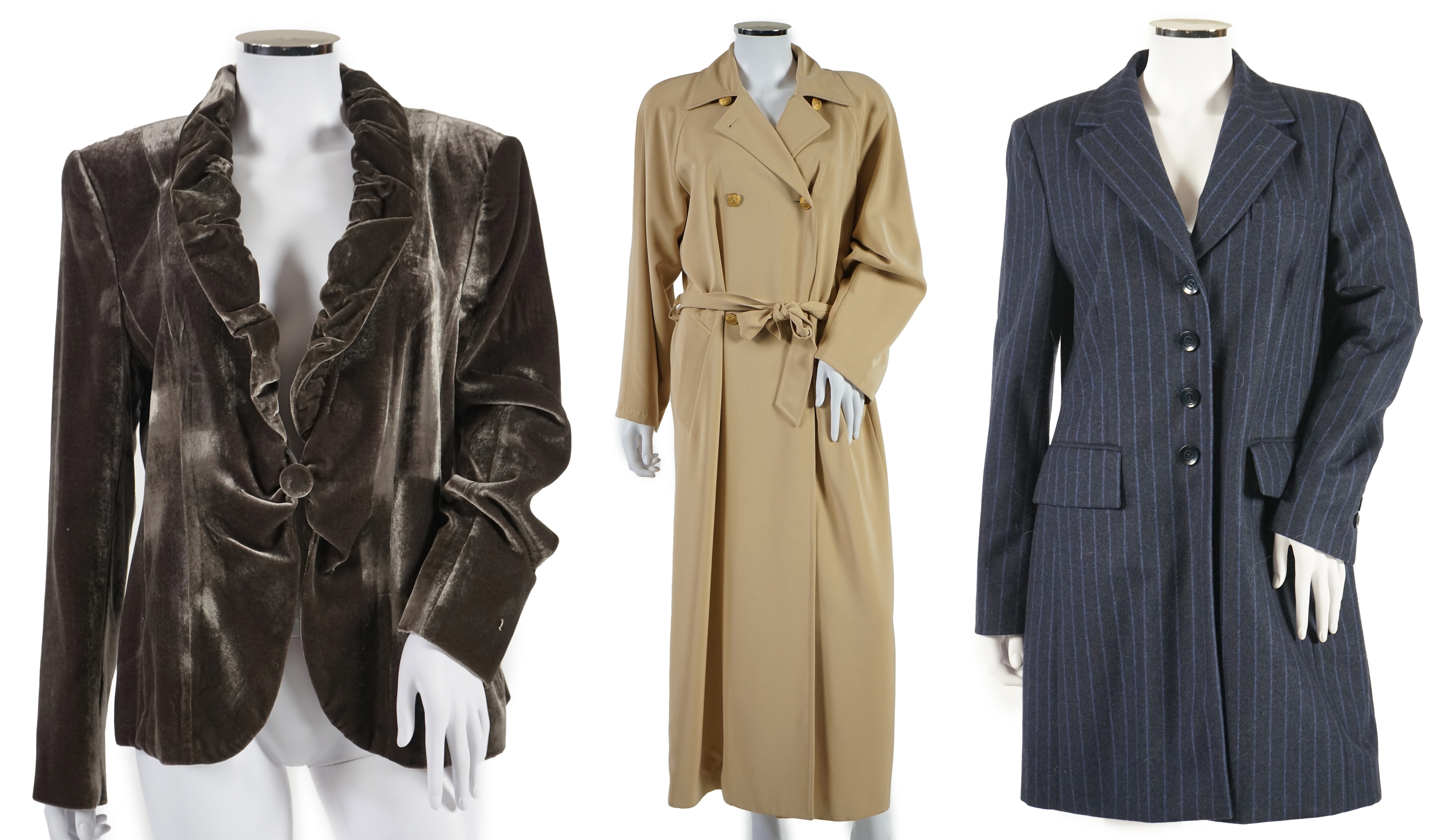 An Elegance lady's trench coat, a velvet jacket and a wool blazer. Approx sizes 14 - 16 Proceeds to Happy Paws Puppy Rescue